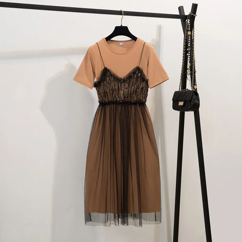 

2019 Summer Fashion O Neck T-shirt Dress + Spaghetti straps Mesh Dress Women's Two Pieces Sets Students Beautiful Dresses A1087