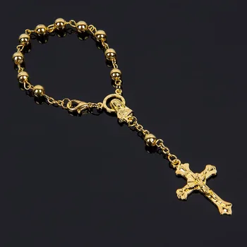 

Christian Cross Medal Bracelet 6mm Golden Rosary Gold Beads Cross Bracelet, Golden and Silver Jesus Cross Bracelet.