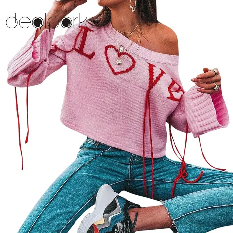 

Knitted Sweaters Fashion 2019 Women Loose Tassels Pullover Sweater LOVE Letters Heart Pattern Long Sleeve Knitting Tops Ladies