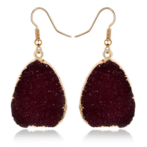 wine red 1 пара европейских ювелирных изделий Красочные капли воды Висячие серьги розовый черный камень из смолы Drusy серьги для женщин ювелирные изделия E1356T1 - Окраска металла: wine red