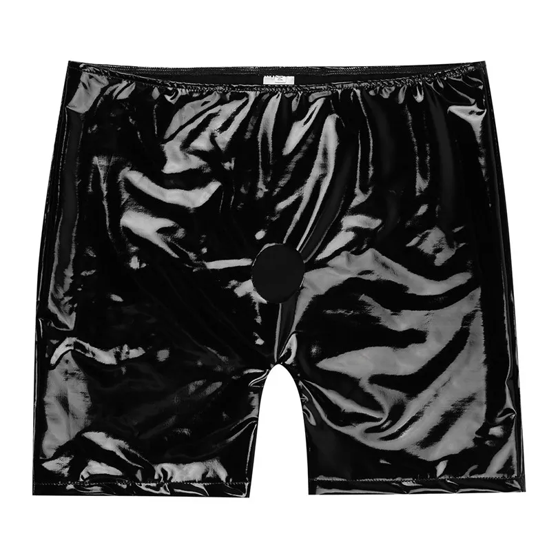 Black Men Shiny Patent Leather Open Penis Ring Long Leg Boxer Short Panties Wetlook Slim Fit Men Elastic Waist Short