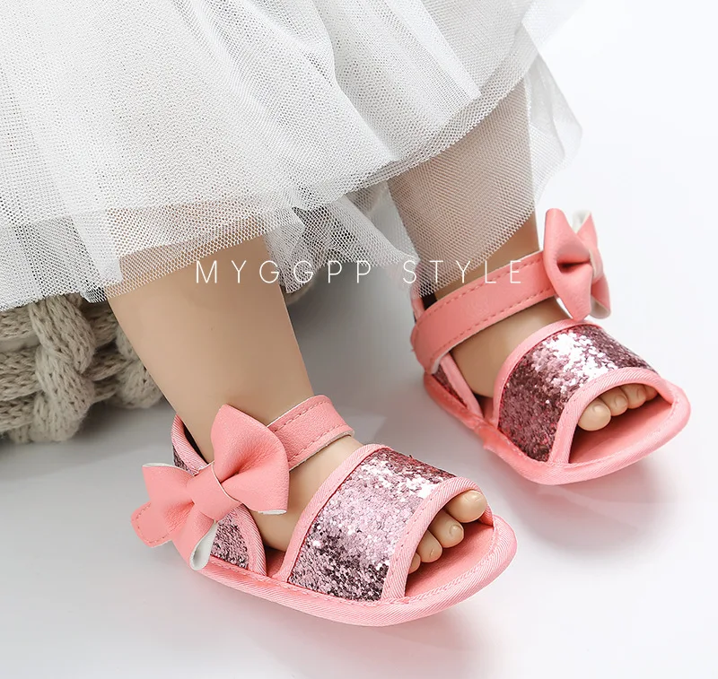 Brand Summer Sequin Bow Girls sandals PU Leather Princess sandals Gift baby moccasins Anti-slip Baby infant sandals