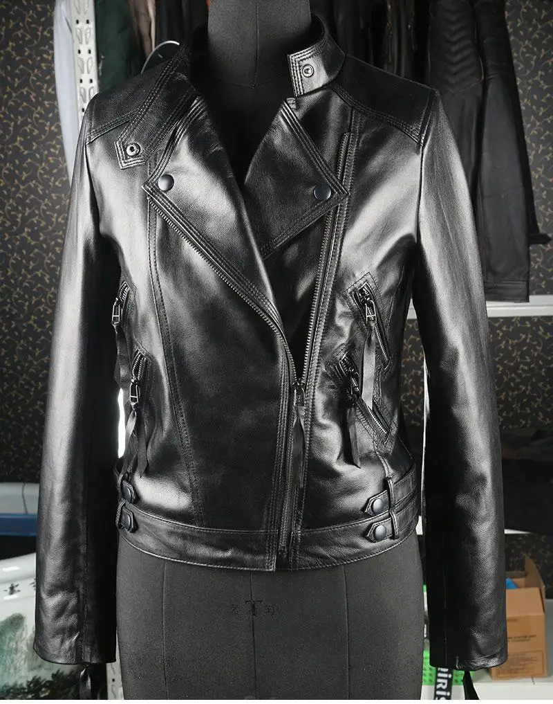 

new spring 2020 fashion women's motorcycle biker coat genuine real sheepskin short jacket clothes female black plus size xxl 2xl
