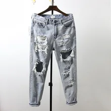 Japan Style Ripped Destroyed Jeans 2017 New Arrivals Male Destroy Washed Drop Crotch Ankle Length Denim Pants