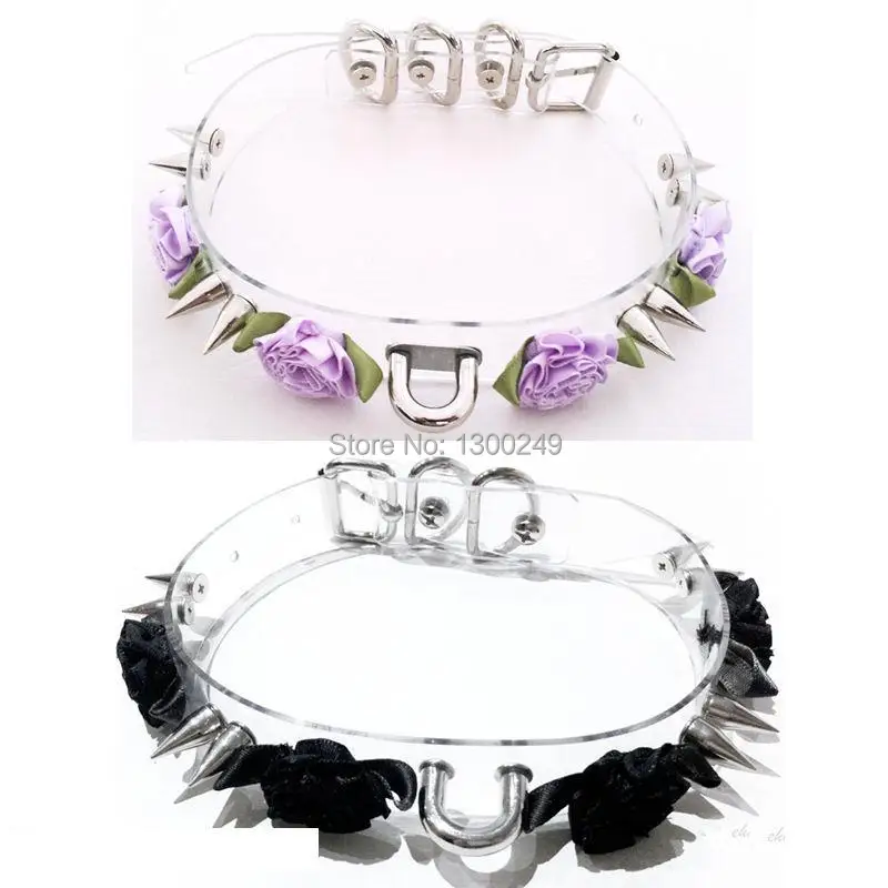 

Women Harajuku Sexy Handmade Clear leather Double Spiked Flower Stud Rivets Collar Punk Choker Necklace torque Free shipping