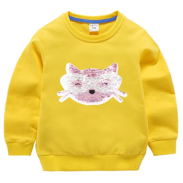 Double Sided Sequin Flash Glitter T-Shirts For Girls Sequins T Shirt Girls Cartoon Cat Kids Tshirt Summer Teen Clothes For Girls white