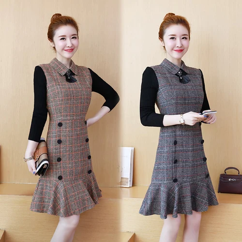 

Autumn And Winter Patchwork Women Dress Fake Two Pieces Plaid Dresses Woman Fashion Peter Pan Collar Slim Women's Clothing