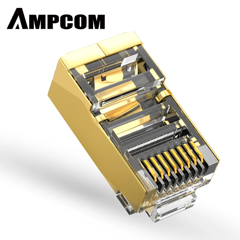 

AMPCOM CAT6 Shielded 50U RJ45 Modular Plug Connector 8P8C Crimp End Ethernet Cable Ethernet Connector Pack of 100 Gold-Plated