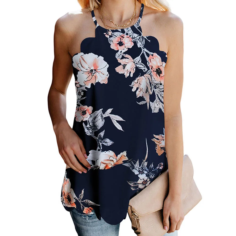Women Printed Sleeveless Loose Camisole Sexy Tank Tops Blouse IK88 - Цвет: Синий