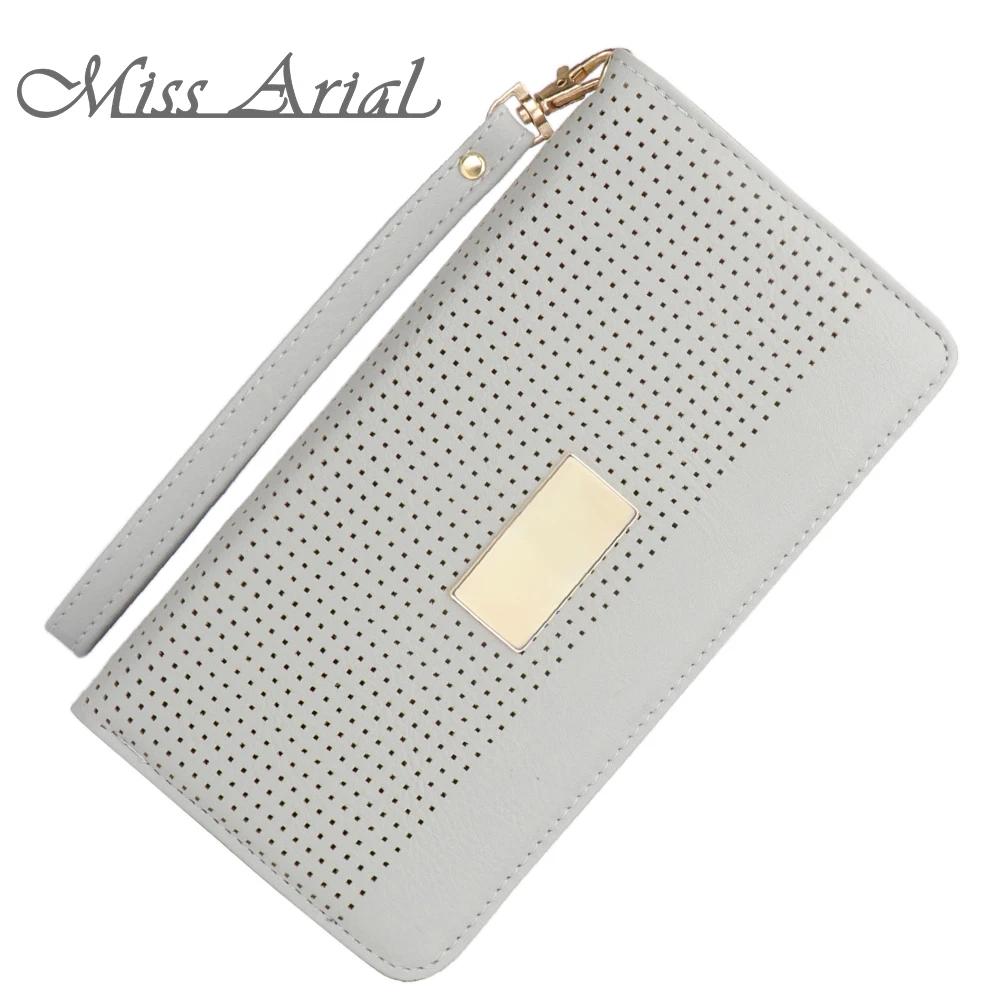 

MISS ARIAL Ladies Dots Leather Long Wallets Women Grey Card Holder Coin Purses Women Zipper Clutch phone pocket wristlet Handbag