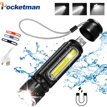 

5000LM Multifunctional LED Flashlight USB Rechargeable battery Powerful T6 torch Side COB Light linterna tail magnet Work Light