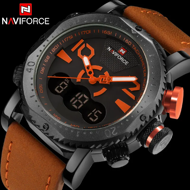 Бренд NAVIFORCE, мужские спортивные часы, двойной дисплей, часы для мужчин, светодиодный, цифровые, аналоговые часы, оранжевые, кварцевые часы, 30 м, водонепроницаемые мужские часы