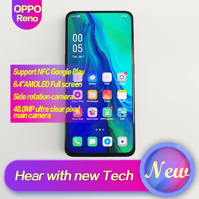 OPPO Рено Новое поступление смартфон 6,4 дюймов Поддержка NFC Qualcomm710 2340*1080 Octa Core 3 камеры 48MP + 5MP 3765 мАч отпечатков пальцев ID