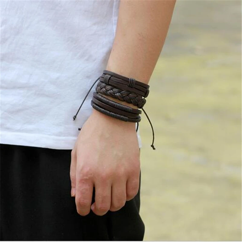 3pcs/set Fashion Genuine Leather Bracelet Men Charm Handmade Friendship Bracelets Braided Rope Chain for Male Jewelry Gifts - Image 3