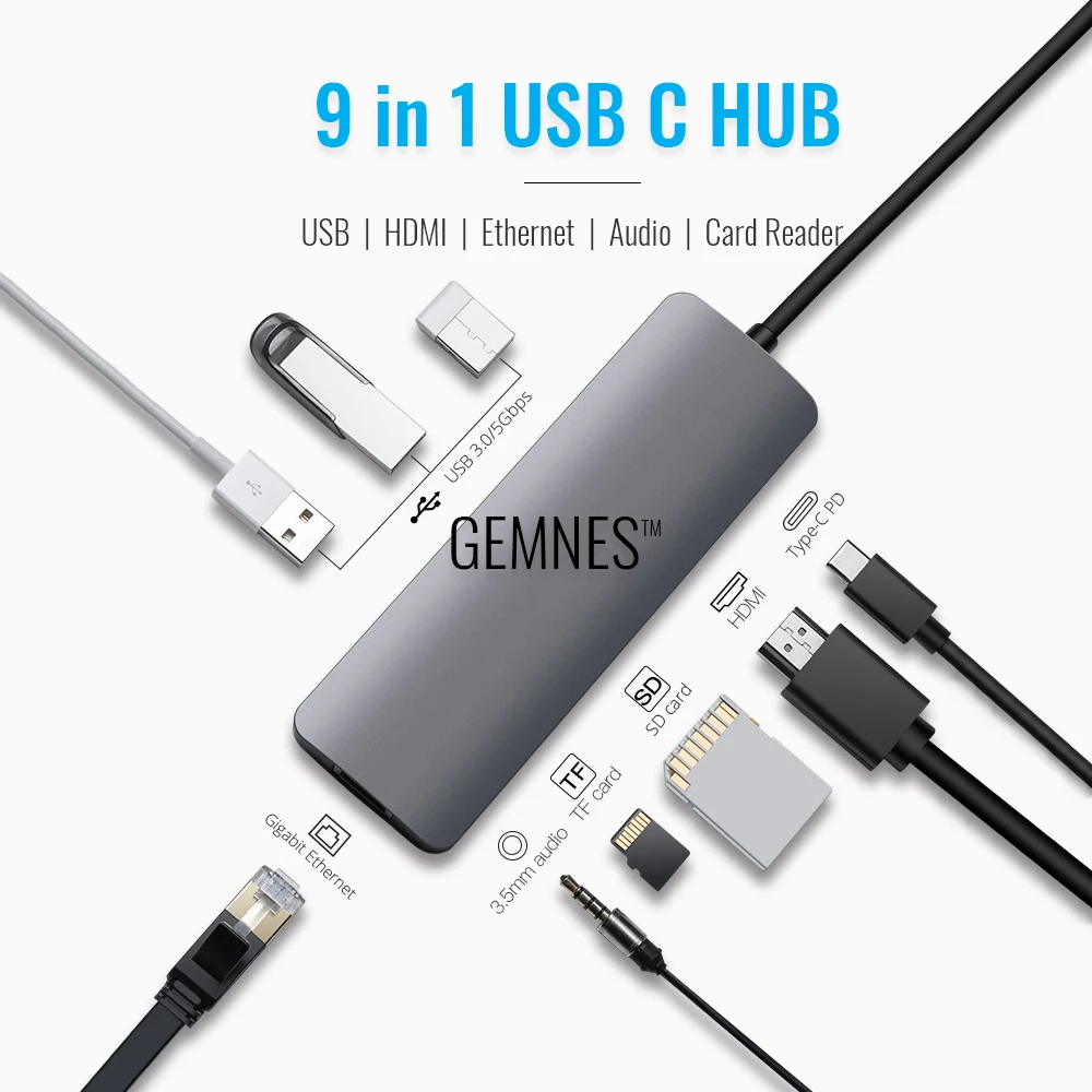 

9 in 1 USB C Type-C Hub HDMI 4K UHD Ethernet LAN RJ45 AUDIO USB 3.0 for MacBook Xiaomi Asus Laptop Huawei Mate 10 Type C Device