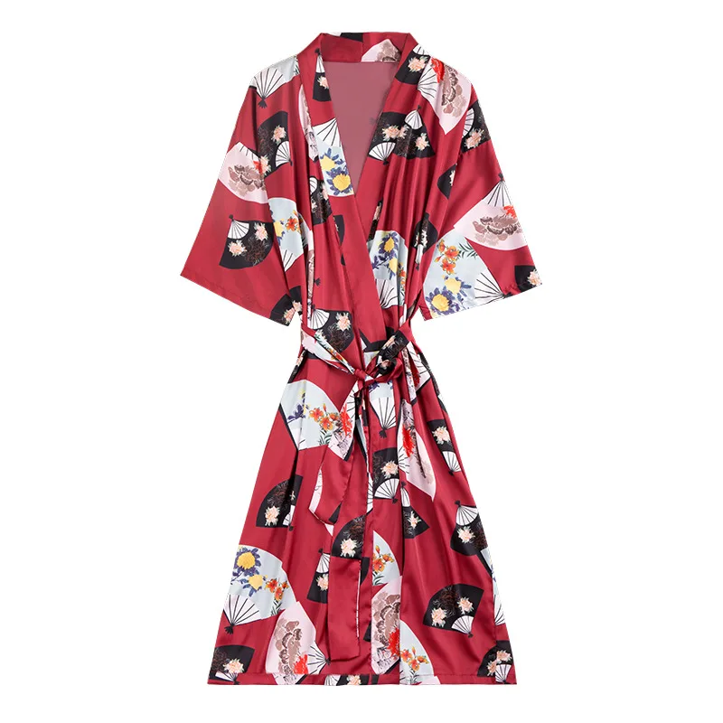 Темно синие летние женские халат кимоно для ванной платье юката Ночная рубашка Леди повседневное шелковистой рубашки Nuisette Pijama Mujer M, L, XL