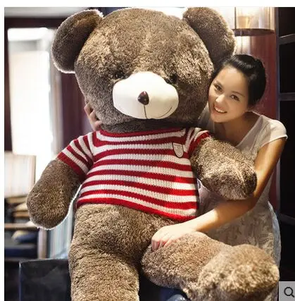 large 160cm brown teddy bear plush toy red white stripes coat bear doll hugging pillow Valentine
