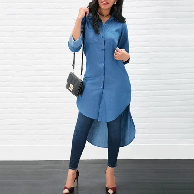 Women Blue Denim Long Shirts Blouse 