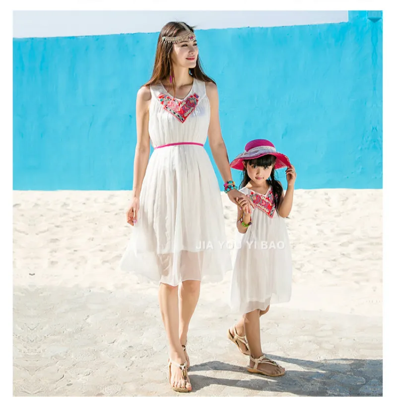 Summer Bohemia National Style Beach Seaside Holiday Look Mother and Daughterfamily Matching Outfits Chiffon Flash Fabric Dress | Мать и