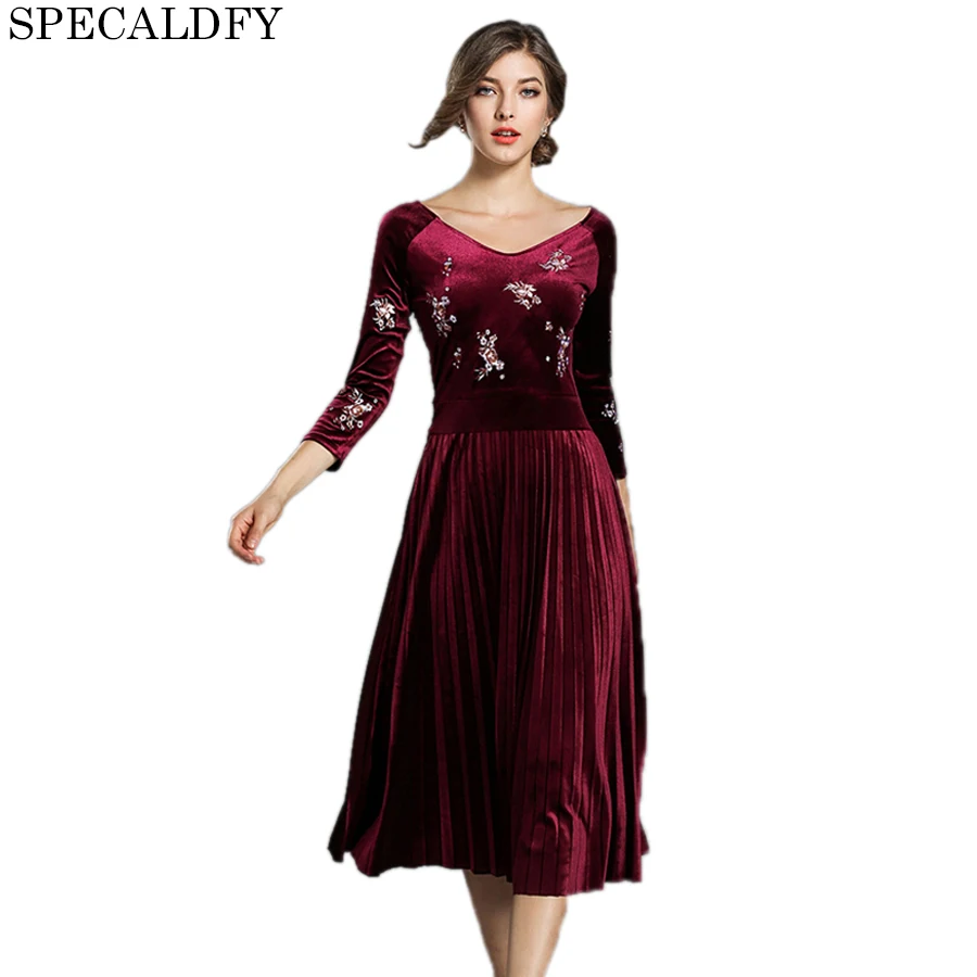 Autumn Dresses Women V neck Floral Embroidery Retro Vintage Pleated ...