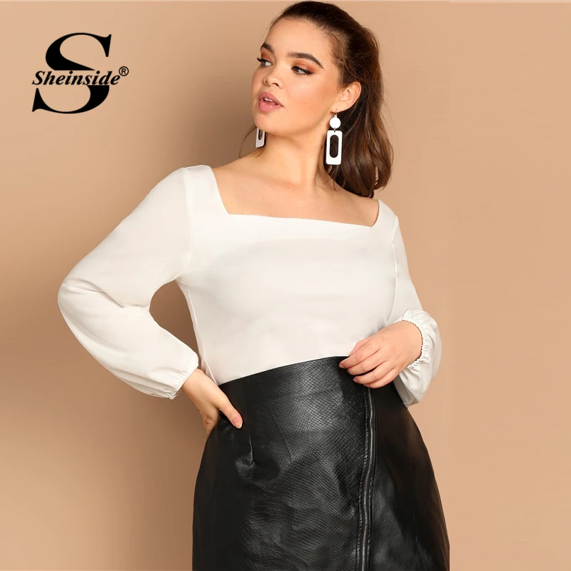 Sheinside الأبيض زائد حجم فانوس كم قمة صلب النساء بلوزة قميص ساحة الرقبة ضئيلة تيشيرت ضيق بأكمام طويلة إمرأة قمم و البلوزات
