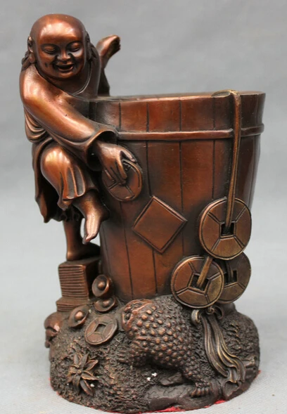 

JP S62 Chinese Pure Bronze Wealth Toad Hoptoad Statue God Pencil Vase Brush Barrel Pot