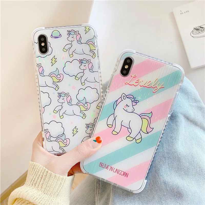 

Aurora laser shockproof phone cover for iphone 8 7 6 6s plus cartoon cute horse Anti-knock case for iphone xs x xr xsmax 8plus 8