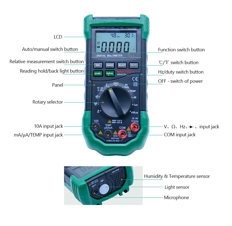 Mastech MS8229 5 в 1 автоматический Диапазон Цифровой мультиметр Многофункциональный Lux Уровень звука температура влажность тестер метр оригинальная упаковка