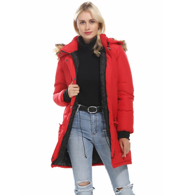 

Winter Jacket Women Arctic Cloth Quilted Women's Long Bomber Jacket with Removable Faux Fur Trimmed Hood Cotton OverCoat Jacket