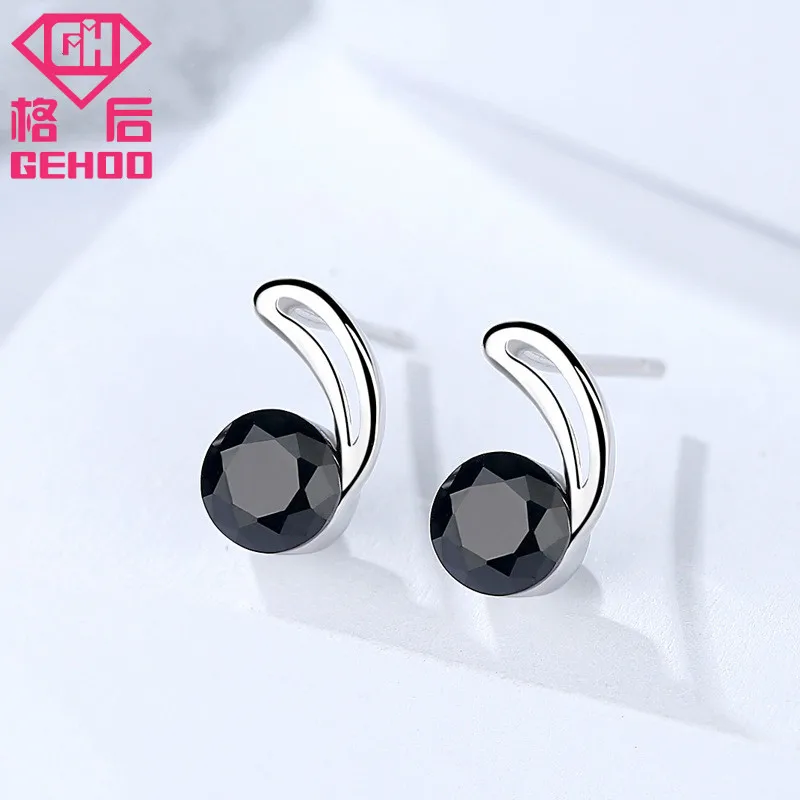 

GEHOO Luxury Design Black Color Stud Earrings 925 Sterling Silver Women Ear Fine Jewelry Charm Earrings Gift Brinco