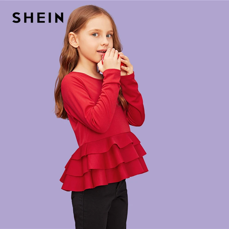 SHEIN/красные однотонные повседневные блузки с оборками для девочек; Детские рубашки; коллекция года; сезон весна; модные элегантные рубашки с длинными рукавами для девочек