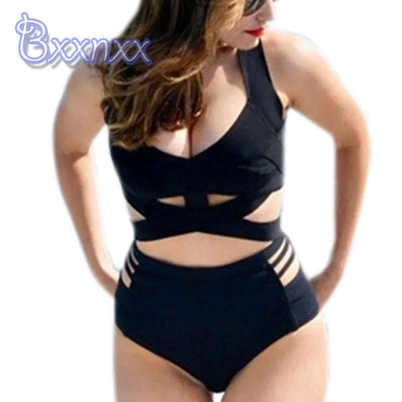 2016 High Waist Plus Size Solid Hollow Out Bikinis Women Black Sexy Swimsuit Cross Strappy Swimwear Large Size 3XL Bathing Suit plus-size-black-swimsuit : image 2016 High Waist Plus Size Solid Hollow Out Bikinis Women Black Sexy Swimsuit Cross Strappy Swimwear Large Size 3XL Bathing Suit plus-size-black-swimsuit