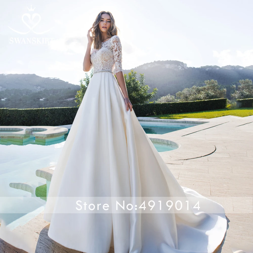 Swanskirt модное атласное свадебное платье роскошное свадебное платье принцессы трапециевидной формы с поясом и кристаллами K160