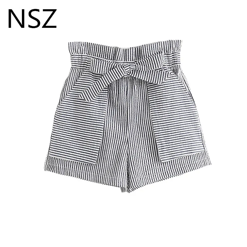 

NSZ Women Striped Summer Shorts High Waist Loose Casual Shorts Elastic Bow Pocked Decoration Shorts