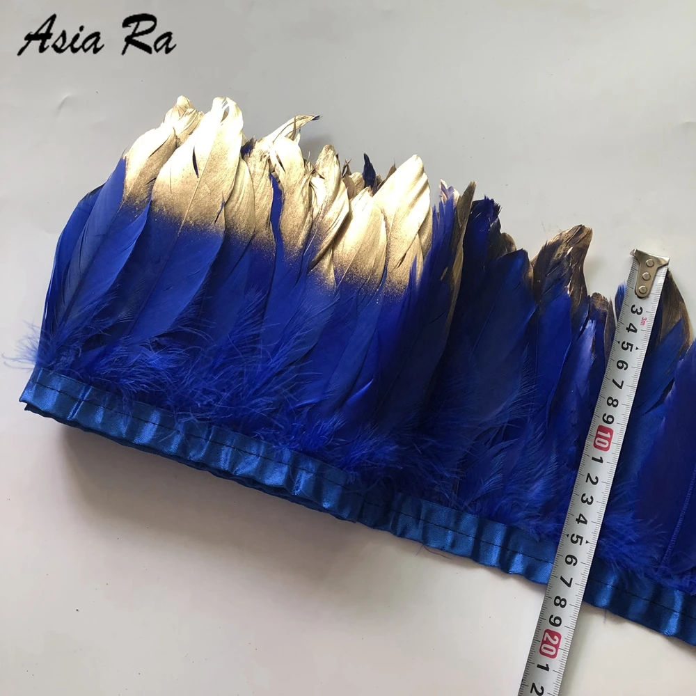 

2Y royal blue+ gold tips goose feather trims 13-20cm 5-8inch width diy natural feather lace sewing strips for carinival decorate