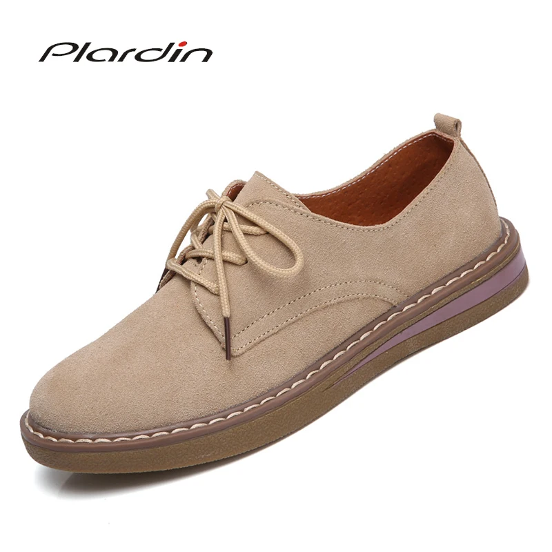 

Plardin New Leisure Genuine Leather Sewing Skate Shoes Flat Women Shoes Ballet Lace Up Concise Sneaker Women Flats Shoes