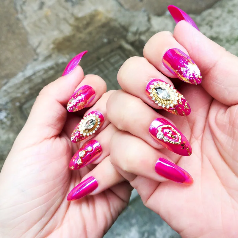 

Luxury big crystal fake nails purple red shining golden press on nail tips 24pcs