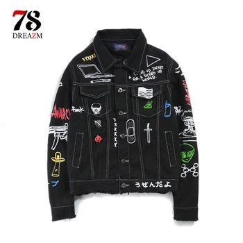 

Patchwork jeans jacket Long Sleeve Mens Hip Hop Printed Pocket Casual Shirts Fashion Streetwear