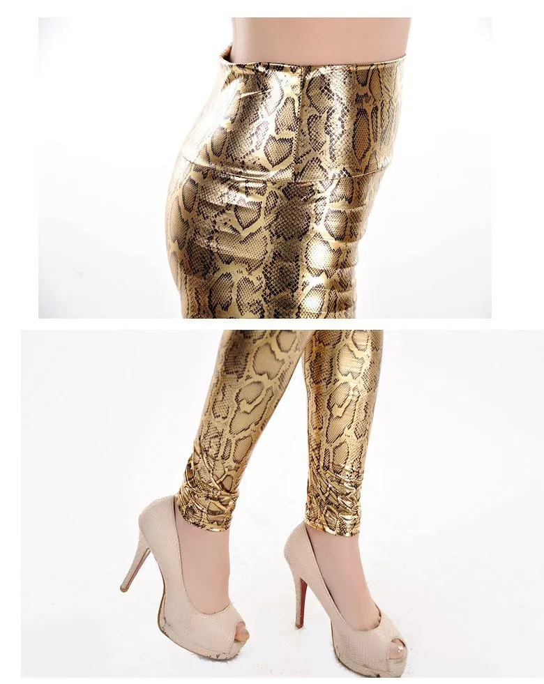 adidas leggings Lady fashion slim leggings High Waist Skinny legging women black gold snake printed pant small size faux leather pants fishnet leggings