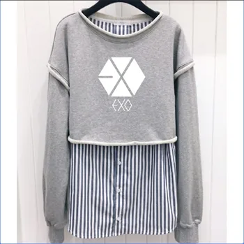 

Korean EXO stripe splice long-sleeved round neck hoodies women casual clothes kpop BLACKPINK fashion Fake two pieces sweatshirt