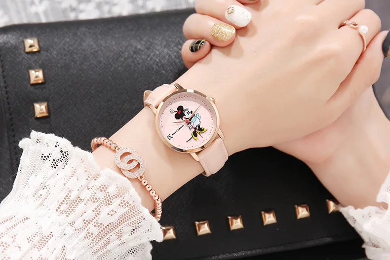 Повседневные женские часы от бренда disney, женские наручные часы с Микки Маусом из натуральной кожи, женские водонепроницаемые часы для движения