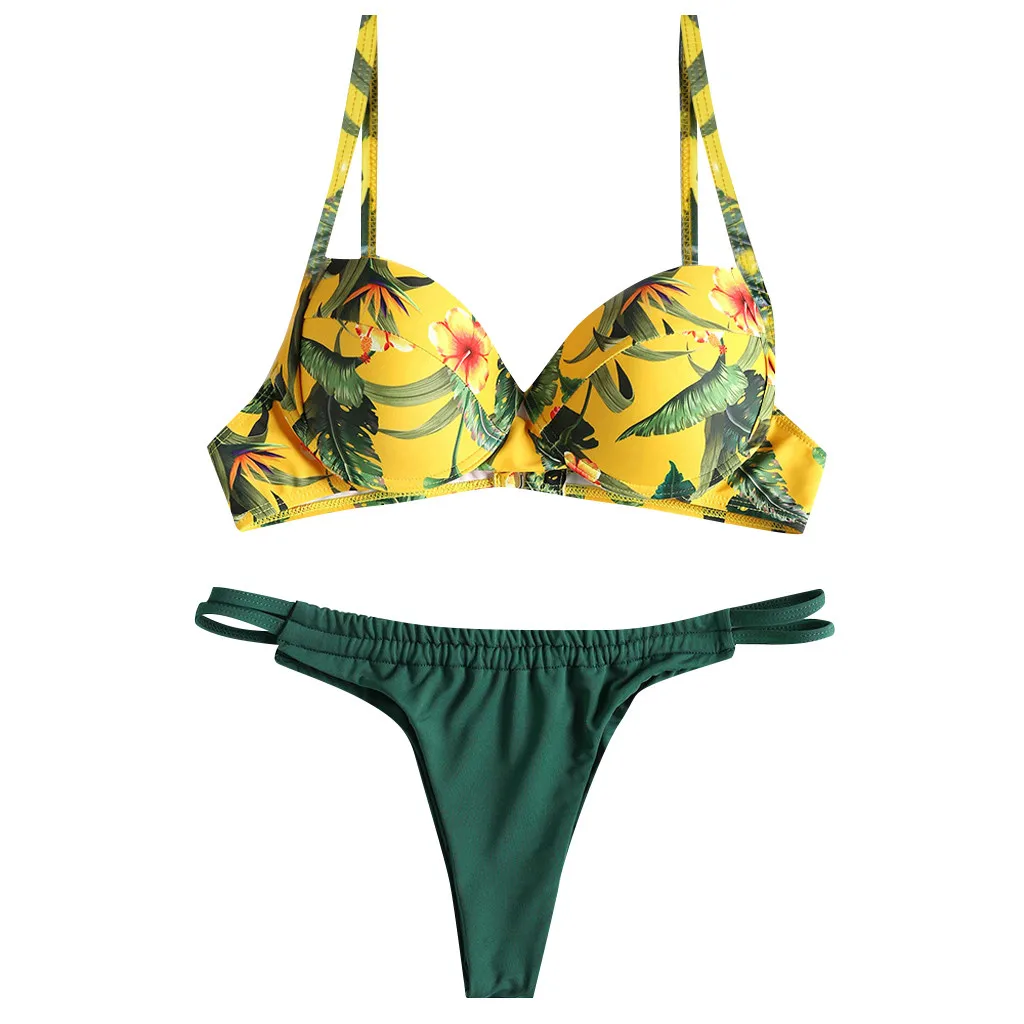 

SAGACE Two Pieces Sexy Printed Bikini Padded Brazilian Mid Waist Underwire Beachwear Push Up Swimsuit 2019 Thong Deep V Plunge