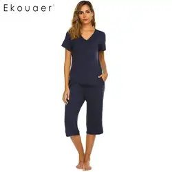 Ekouaer женский пижамный комплект домашняя одежда для сна короткий рукав v-образный вырез однобортный свободный женский пижамный комплект из