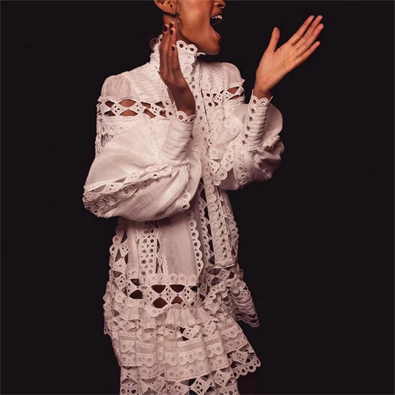 

Truevoker Runway Designer Resort Dresses Women's Lantern Sleeves Embroidery Hollow Out Metal Rivet Sexy Ladies Party Vestidoes