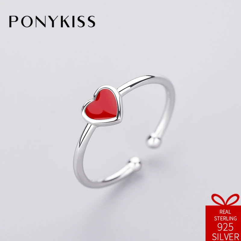 

PONYKISS Romantic 100% 925 Sterling Silver Red Heart Opening Resizable Creative Ring Jewelry Women Birthday Party Anniversary