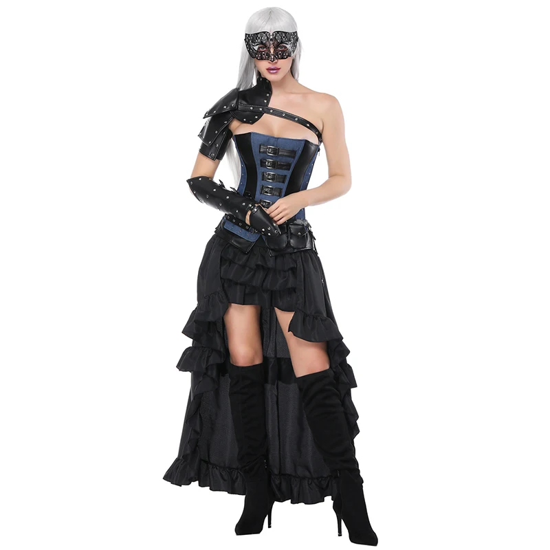 

Black Leather & Denim Armor Steampunk Dress Victorian Gothic Clothing Sexy Corset And Long Skirt Set Vintage Burlesque Costume
