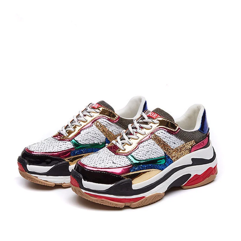 

fashion brand women's shoes flash casual shoes cross tie sequins ladies thick-soled shoes Bling breathable Chaussures de sport