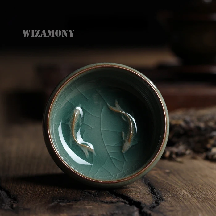 Китайский фарфоровый чаша Longquan Celadon чайное блюдце для чая золотая рыбка 60 мл