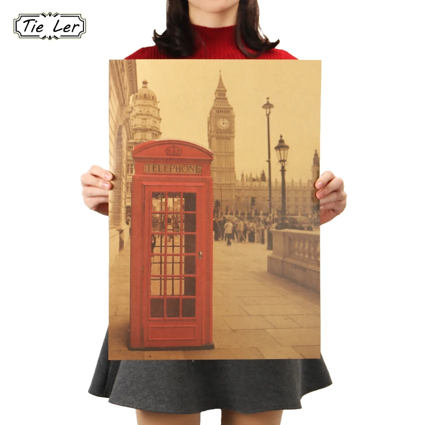 

TIE LER London Red Telephone Booth Kraft Paper Poster Livingroom Bedroom Home Decor Retro Landscape Wall Sticker 51.5x36 cm