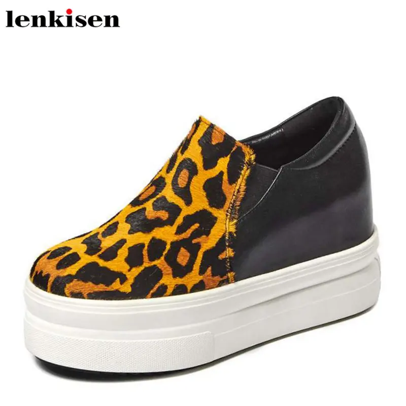 

Lenkisen 2018 horsehair round toe platform spring causal shoes high heel leopard grain high fashion women vulcanized shoes L50